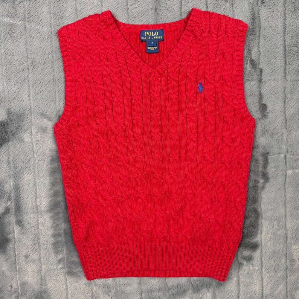 Polo Ralph Lauren Boys Red Cable Knit Cotton V-Neck Sweater Vest Size 7